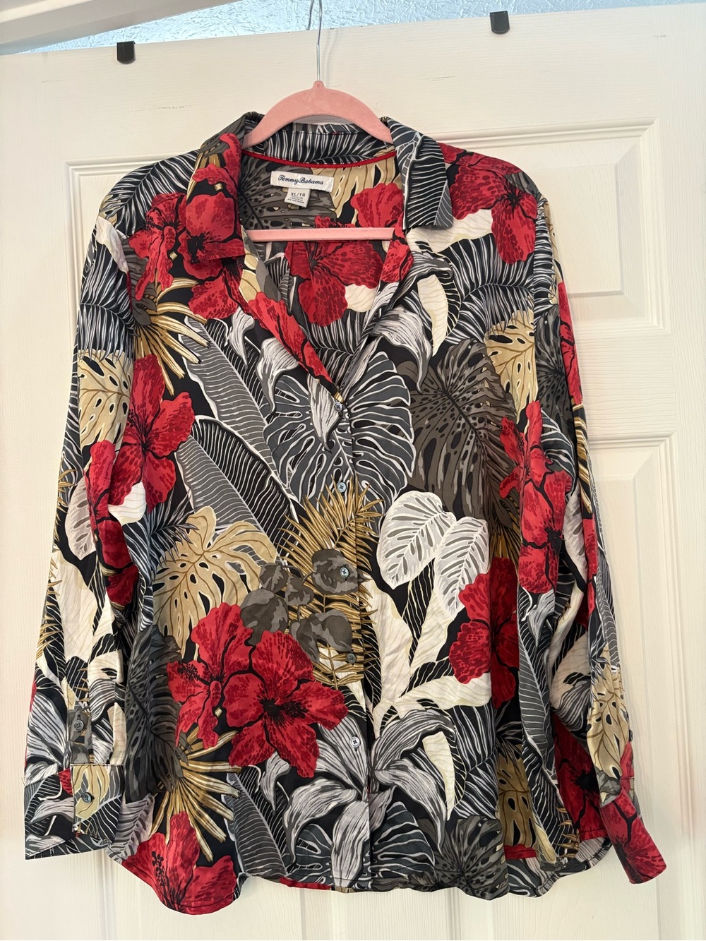 Tommy Bahama Silk Red Floral Hawaiian Shirt with Black & Cream Foliage